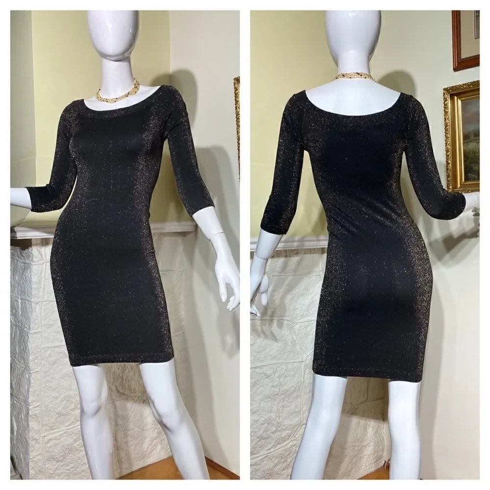 Bebe Stretch Metallic Black & Gold Bodycon Mini Dress 3/4 Sleeves - Picture 2 of 11